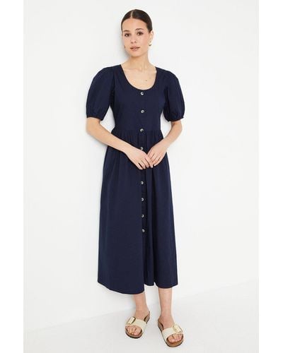 Dorothy Perkins Poplin Button Through Puff Sleeve Midi Dress - Blue