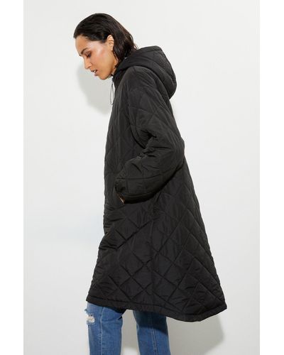 Dorothy Perkins Oversized Hooded Diamond Quilted Parka Coat - Black