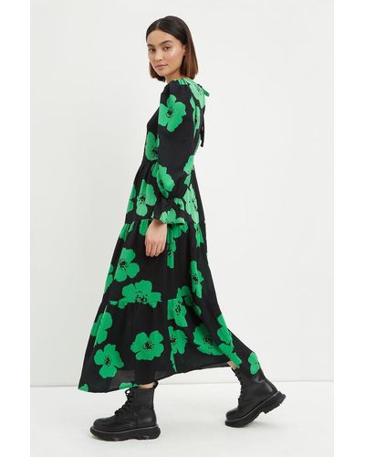 Dorothy Perkins Petite Green Floral Tie Back Midi Dress