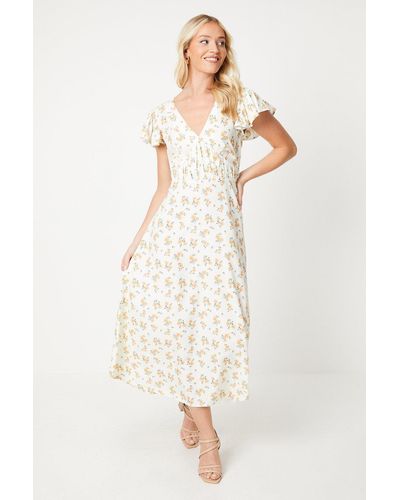 Dorothy Perkins Floral Frill Sleeve Midi Dress - Natural