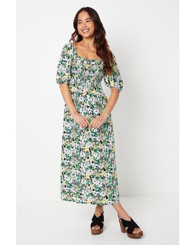 Dorothy Perkins Petite Floral Shirred Bodice Midi Dress - Green