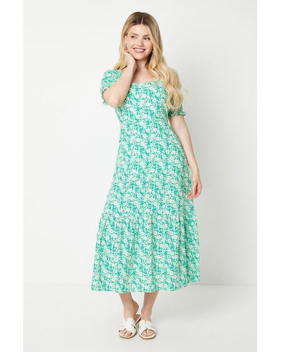 Dorothy Perkins Floral Scoop Neck Shirred Cuff Midi Dress - Green