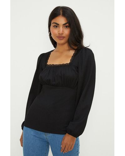 Dorothy Perkins Square Neck Ruched Bust Lace Trim Crinkle Jersey Top - Black
