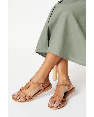 Dorothy Perkins Wide Fit Leather Jessie Plaited Flat Sandals - Green
