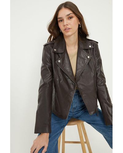 Dorothy Perkins Boxy Cropped Real Leather Jacket - Black
