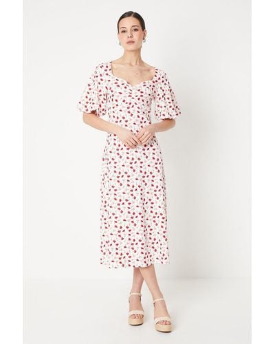 Dorothy Perkins Pink Ditsy Ruched Front Puff Sleeve Midi Dress