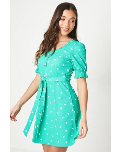 Dorothy Perkins Petite Spot Tie Front Sweetheart Mini Dress - Green
