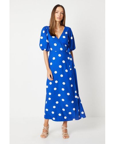 Dorothy Perkins Spot Puff Sleeve Wrap Midi Dress - Blue