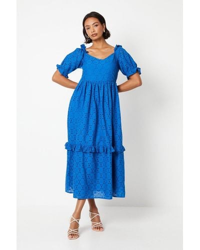 Dorothy Perkins Broderie Frill Sleeve Tiered Midi Dress - Blue