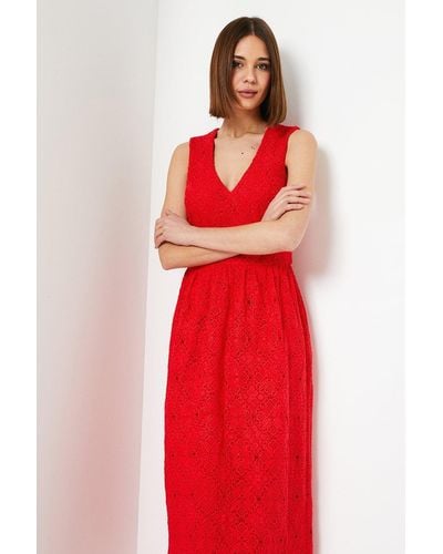 Dorothy Perkins Sleeveless V Neck Lace Midi Dress - Red