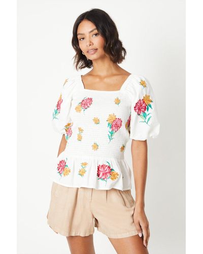 Dorothy Perkins Floral Embroidered Shirred Bodice Blouse - White