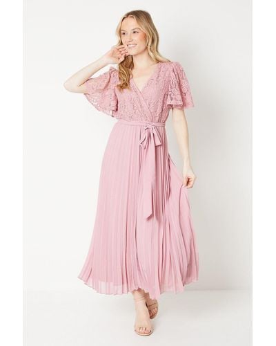 Dorothy Perkins Lace Pleated Wrap Midi Dress - Pink