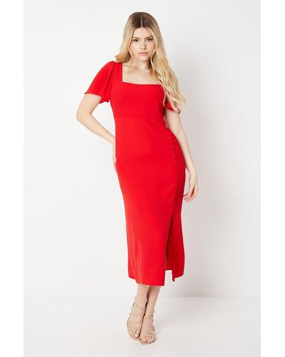 Dorothy Perkins Square Neck Button Detail Midi Dress - Red