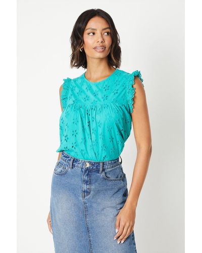 Dorothy Perkins Broderie Frill Sleeve Cut Out Back Top - Blue