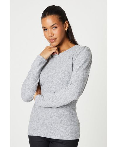 Dorothy Perkins Tall Diamonte Button Shoulder Brushed Long Sleeve Top - Grey