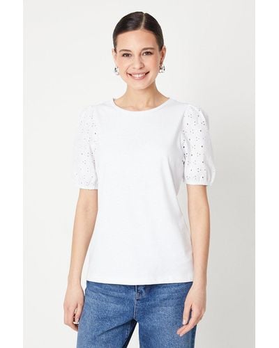 Dorothy Perkins Broderie Puff Sleeve T-shirt - White