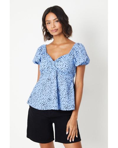 Dorothy Perkins Abstract Knot Front Puff Sleeve Blouse - Blue