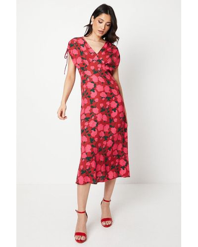 Dorothy Perkins Floral Ruched Sleeve V Neck Midi Dress - Red