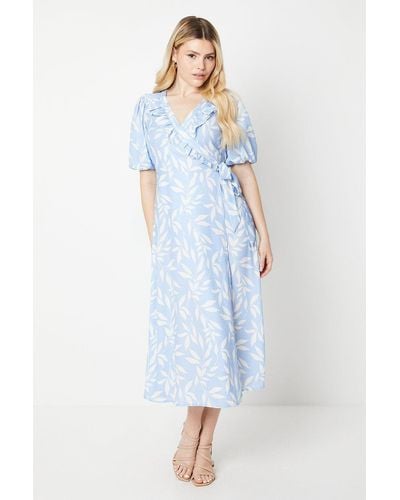Dorothy Perkins Leaf Ruffle Tie Side Wrap Midi Dress - Blue
