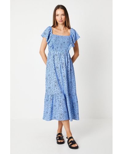 Dorothy Perkins Spot Shirred Bodice Ruffle Sleeve Midi Dress - Blue