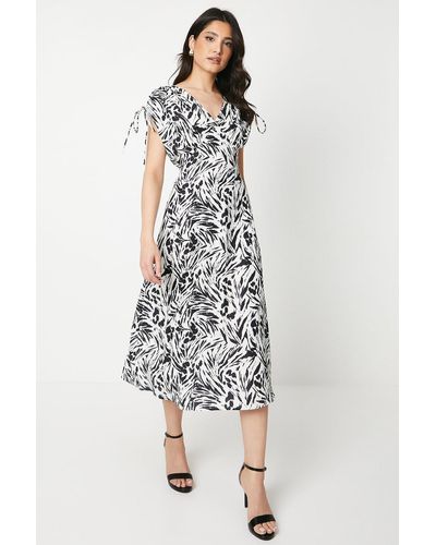 Dorothy Perkins Abstract Ruched Sleeve V Neck Midi Dress - White