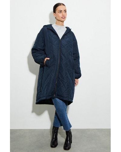Dorothy Perkins Petite Oversized Hooded Diamond Quilted Parka Coat - Blue