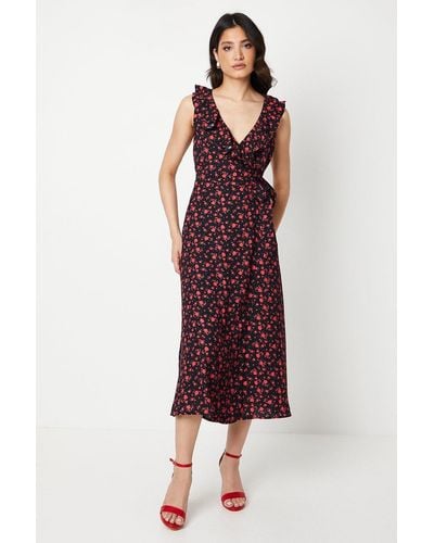 Dorothy Perkins Ditsy Floral Frill Neck Detail Wrap Midi Dress - Red
