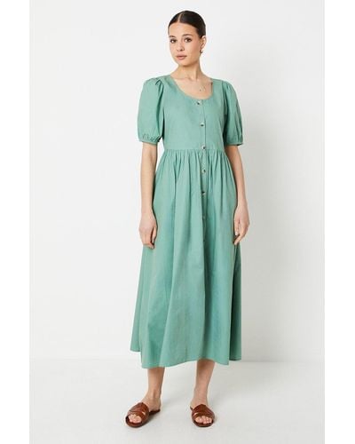 Dorothy Perkins Poplin Button Through Puff Sleeve Midi Dress - Green