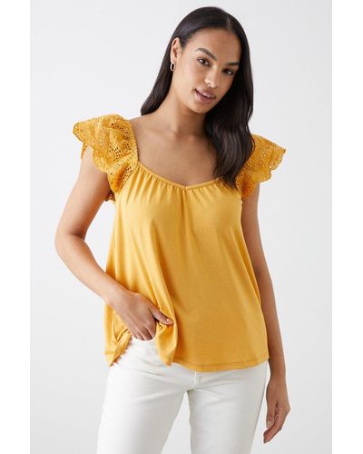 Dorothy Perkins Broderie Frill Sleeve Top - Yellow