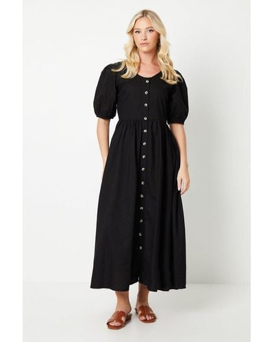 Dorothy Perkins Puff Sleeve Button Front Midi Dress - Black