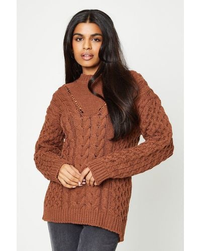 Dorothy Perkins Petite Cable Detail Crew Neck Jumper - Brown