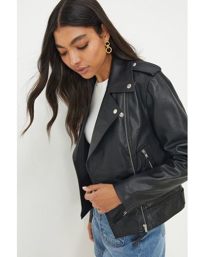 Dorothy Perkins Boxy Cropped Real Leather Jacket - Black