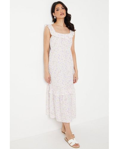Dorothy Perkins Floral Frill Neck Detail Tiered Midi Dress - White
