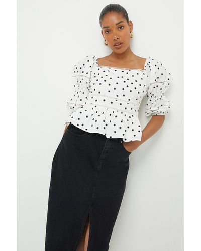 Dorothy Perkins Ivory Spot Trim Detail Puff Sleeve Top - White