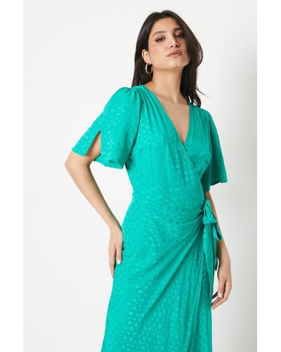 Dorothy Perkins Jacquard Satin Wrap Midi Dress - Green