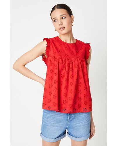 Dorothy Perkins Broderie Frill Sleeve Cut Out Back Top - Red