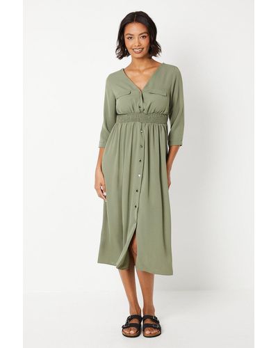 Dorothy Perkins Shirred Waist Midi Shirt Dress - Green