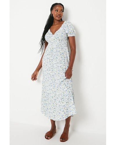 Dorothy Perkins Blue Ditsy Shirred Waist Tiered Hem Midi Dress - White