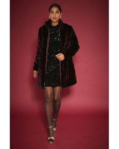 Dorothy Perkins Longline Zip Through Faux Fur Coat - Red