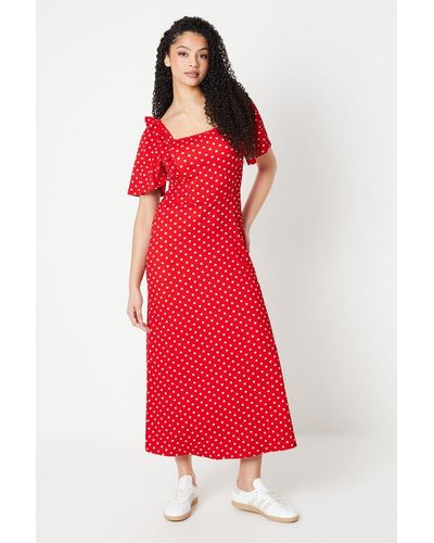 Dorothy Perkins Tall Spot Frill Detail Flutter Sleeve Midi Dress - Red