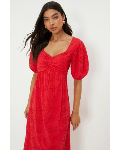 Dorothy Perkins Red Broderie Ruched Front Midi Dress