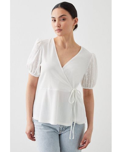 Dorothy Perkins Petite Broderie Sleeve Detail Wrap Top - White