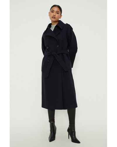 Dorothy Perkins Petite Belted Wool Trench Coat - Blue