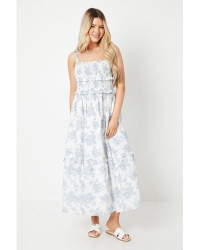 Dorothy Perkins Blue Floral Shirred Bodice Cotton Voile Tiered Midi Dress - White