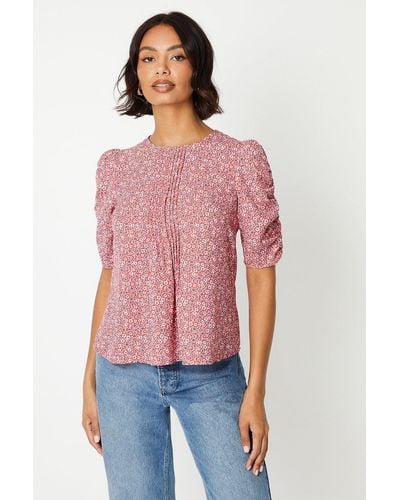 Dorothy Perkins Ditsy Ruched Puff Sleeve Blouse - Red