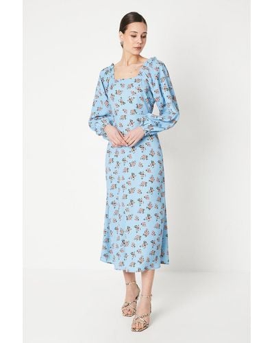 Dorothy Perkins Floral Square Neck Ruffle Midi Dress - Blue