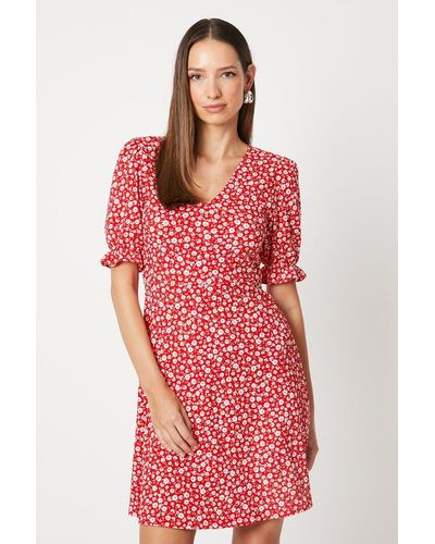 Dorothy Perkins Ditsy V Neck Short Sleeve Mini Dress - Red