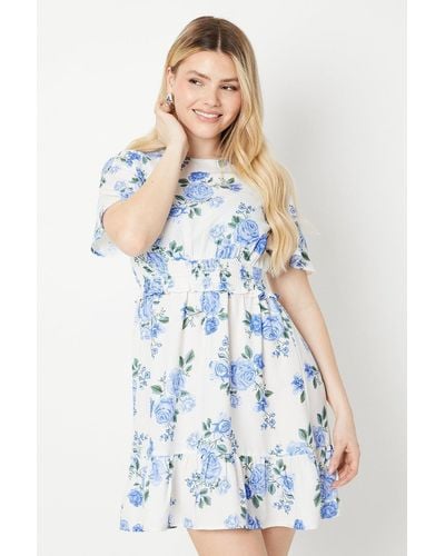 Dorothy Perkins Floral Shirred Waist Angel Sleeve Mini Dress - Blue