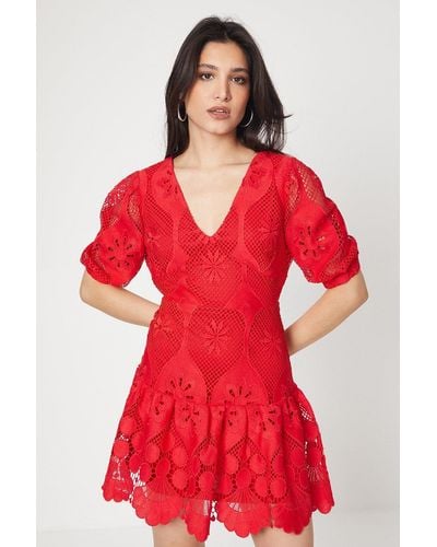 Dorothy Perkins Lace V Neck Mini Dress - Red