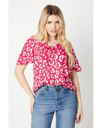 Dorothy Perkins Animal Flutter Sleeve Tie Front Blouse - Red